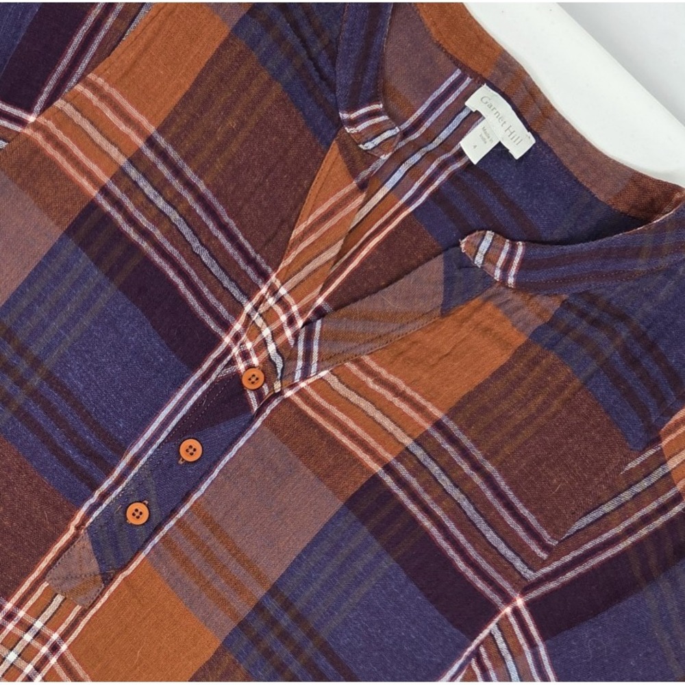 Garnet Hill Bat Wing Plaid Gauze Top Womens Size 4 Orange 100% Organic Cotton